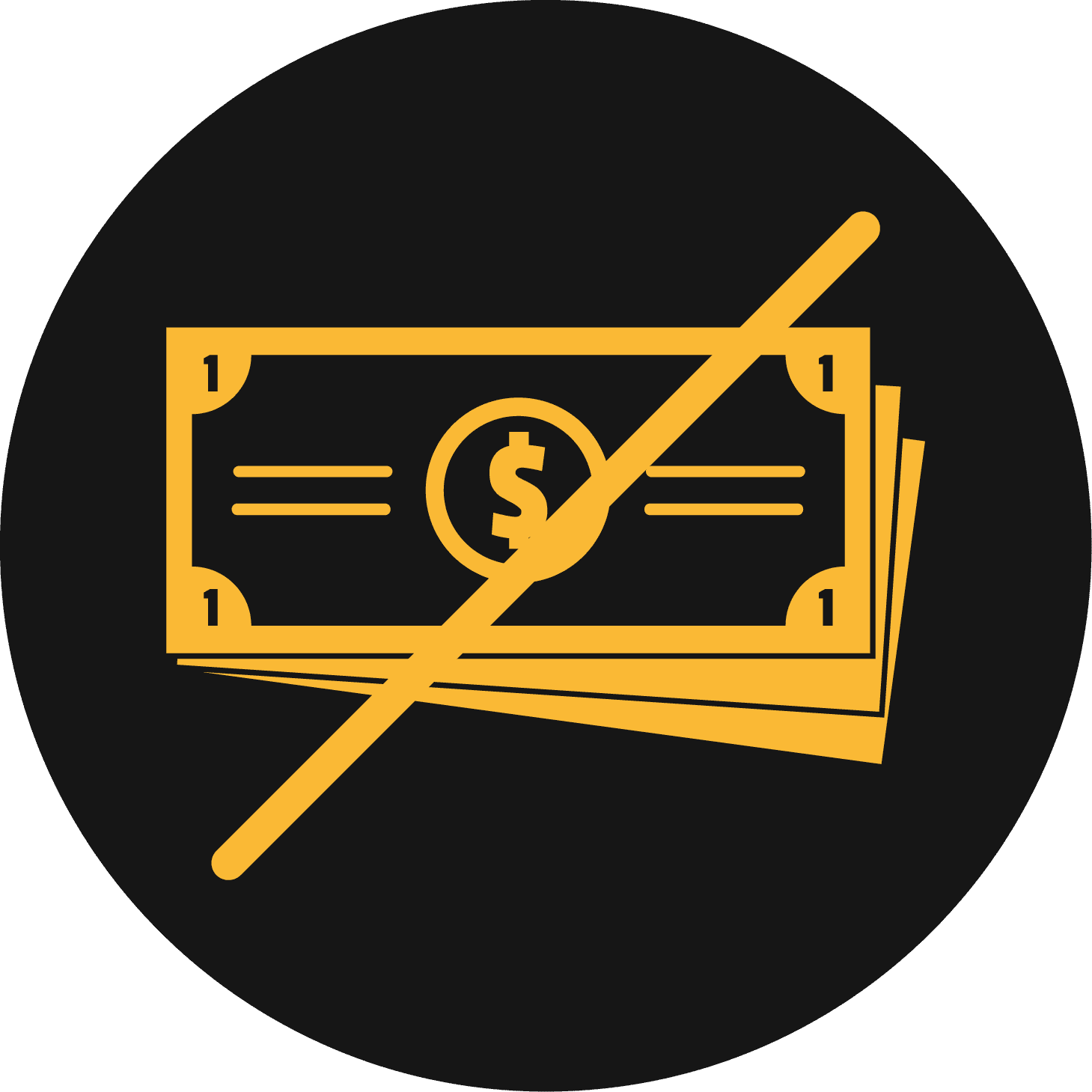 Yellow banknotes crossed out in a black circle, indicating no cash usage.