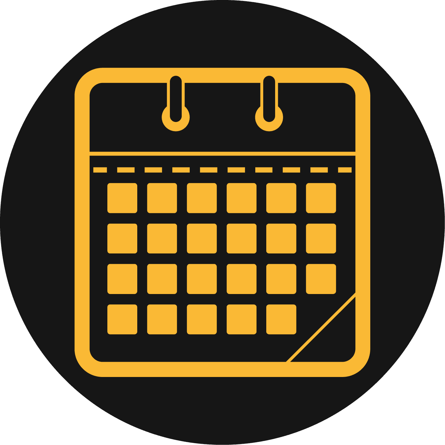Yellow calendar icon on a black circle background.