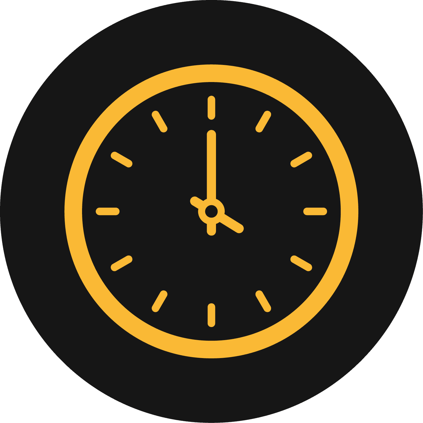 Yellow clock face icon with black background, showing time at 4 o'clock.
